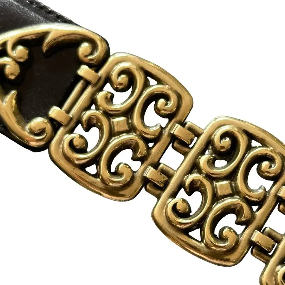 Brighton Black Leather Belt Antique Gold Open Scrollwork Panel Links Size MEDIUM